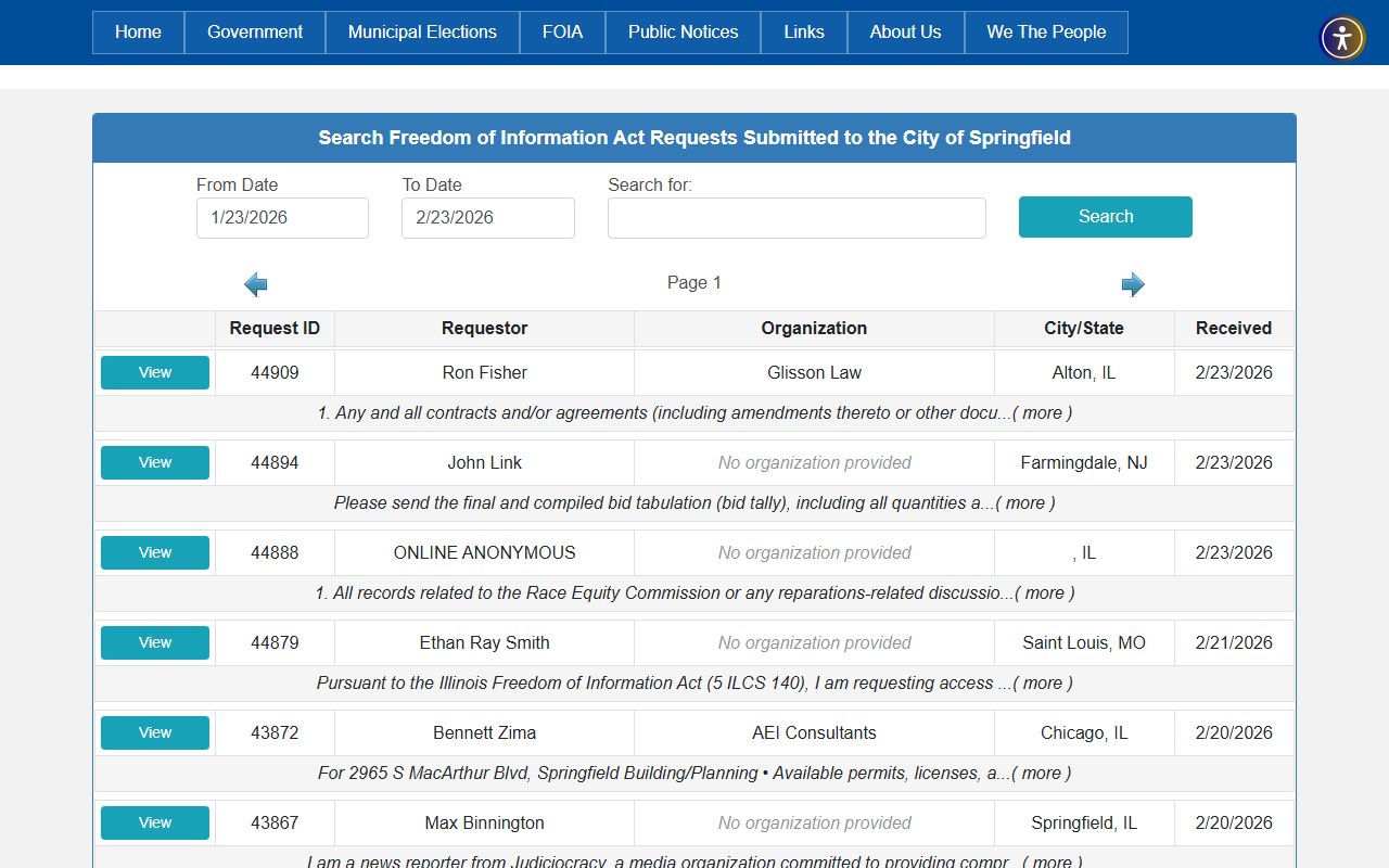Springfield City Clerk FOIA online request form for booking reports in Illinois