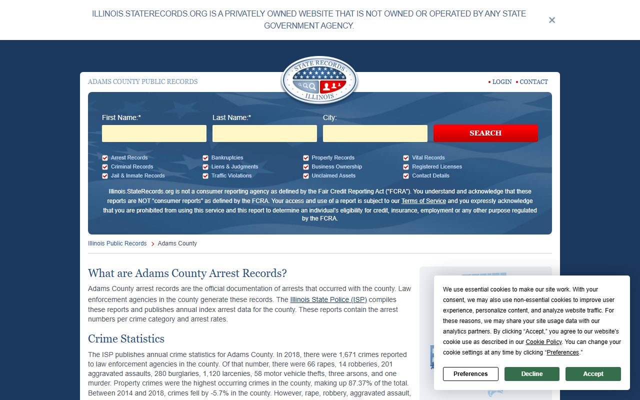 Adams County jail roster page showing booking reports and inmate data in Quincy Illinois