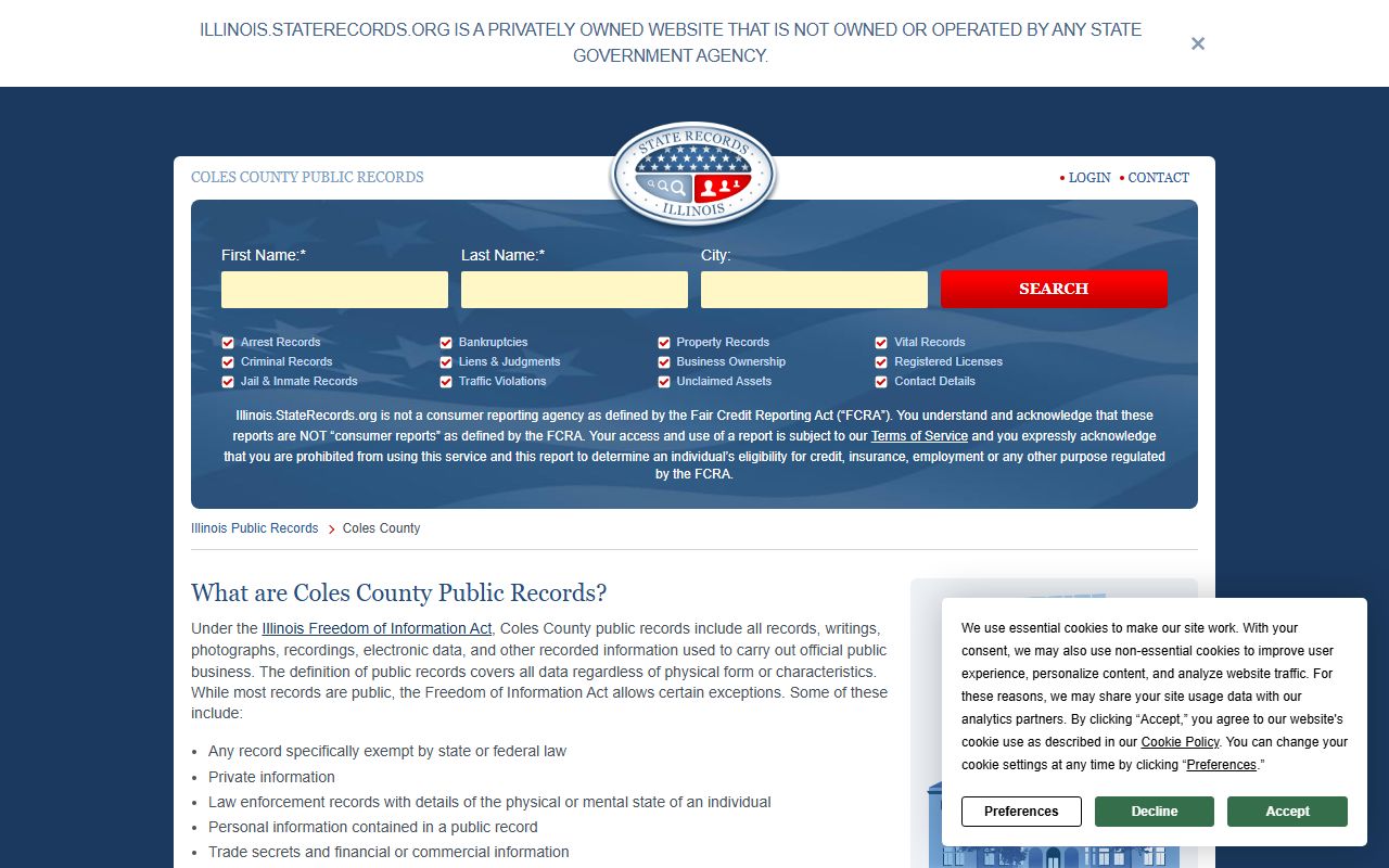 Coles County jail roster page showing booking reports and arrest data in Illinois