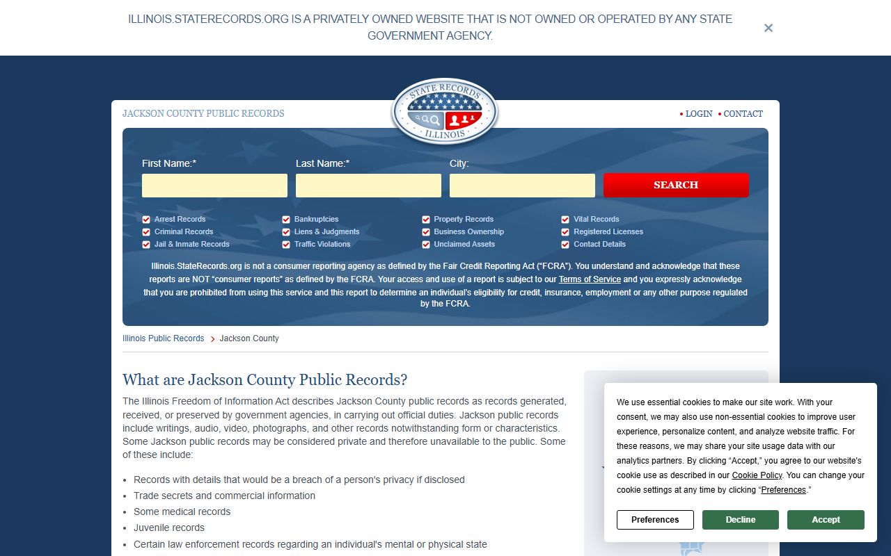 Jackson County jail roster page showing booking reports and arrest data in Illinois