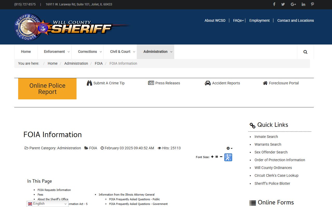Will County Sheriff's Office website showing corrections and records divisions for booking reports