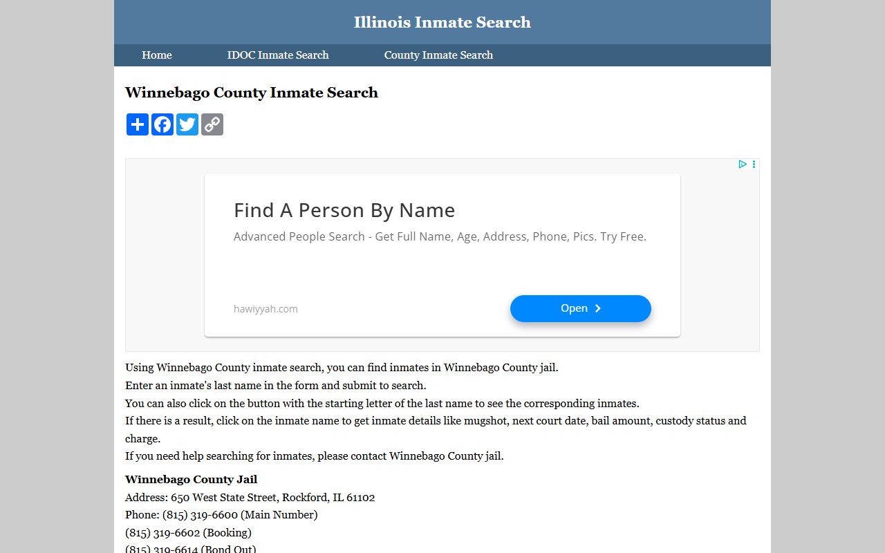 Winnebago County Sheriff inmate search page for booking reports