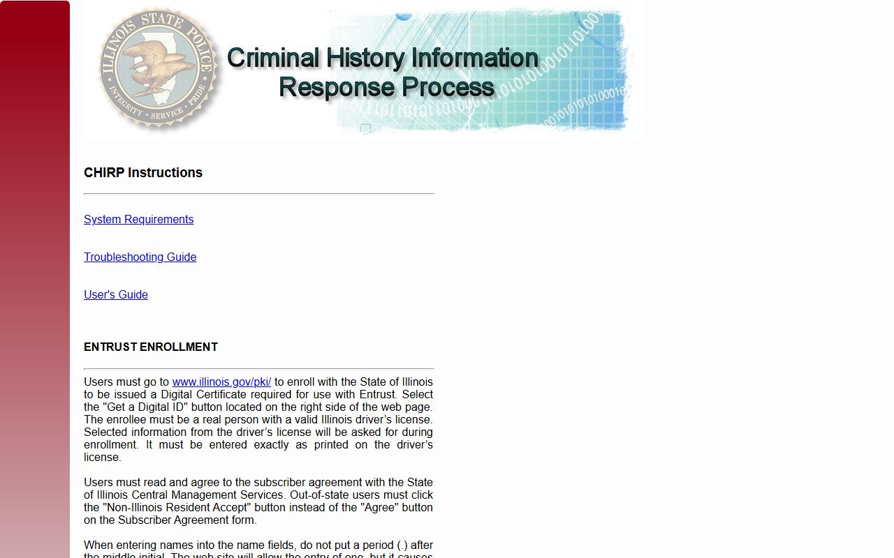 Illinois CHIRP portal login page for criminal history booking reports