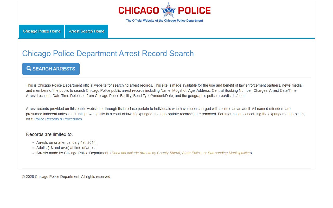 Chicago Police Department public arrest search for Illinois booking reports