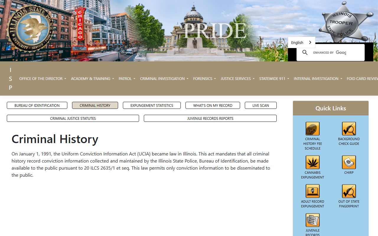 Illinois State Police Bureau of Identification criminal history page for booking reports