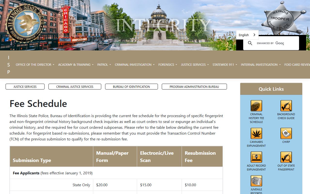 Illinois State Police fee schedule for booking reports and criminal history checks
